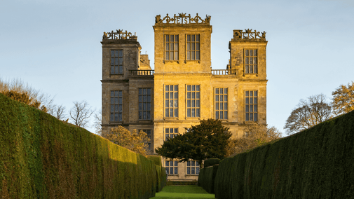 View along the Yew Alley towards Hardwick Hall